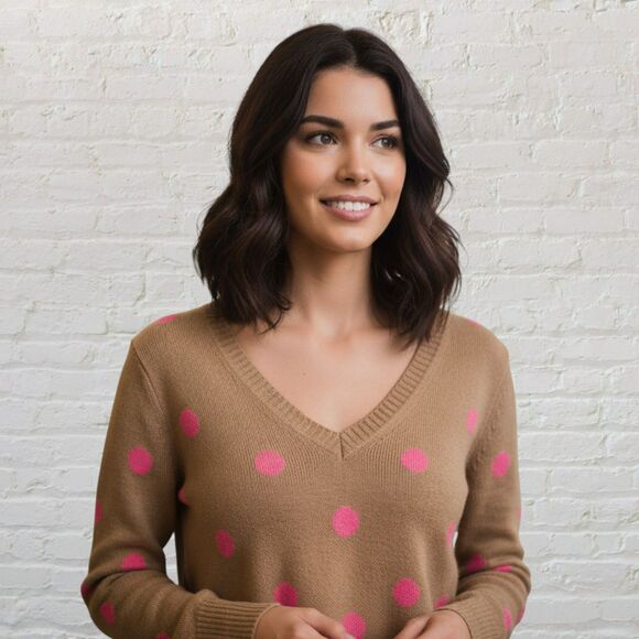 Gap Polka Dot Sweater Size Large Beige Pink V-Neck Wool Blend - Picture 7 of 14